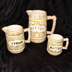 Very Rare Vintage Ceramic Pancake Pitcher Set~Batter~Syrup~Butter~Japan~60/70s